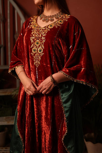 Rust Red | Silk Velvet Zardozi Kaftans