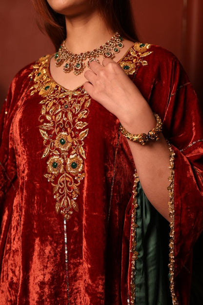 Rust Red | Silk Velvet Zardozi Kaftans