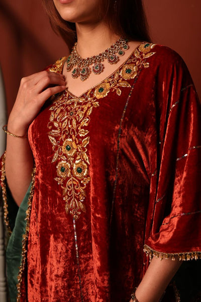 Rust Red Shade Silk Velvet Zardozi Kaftans
