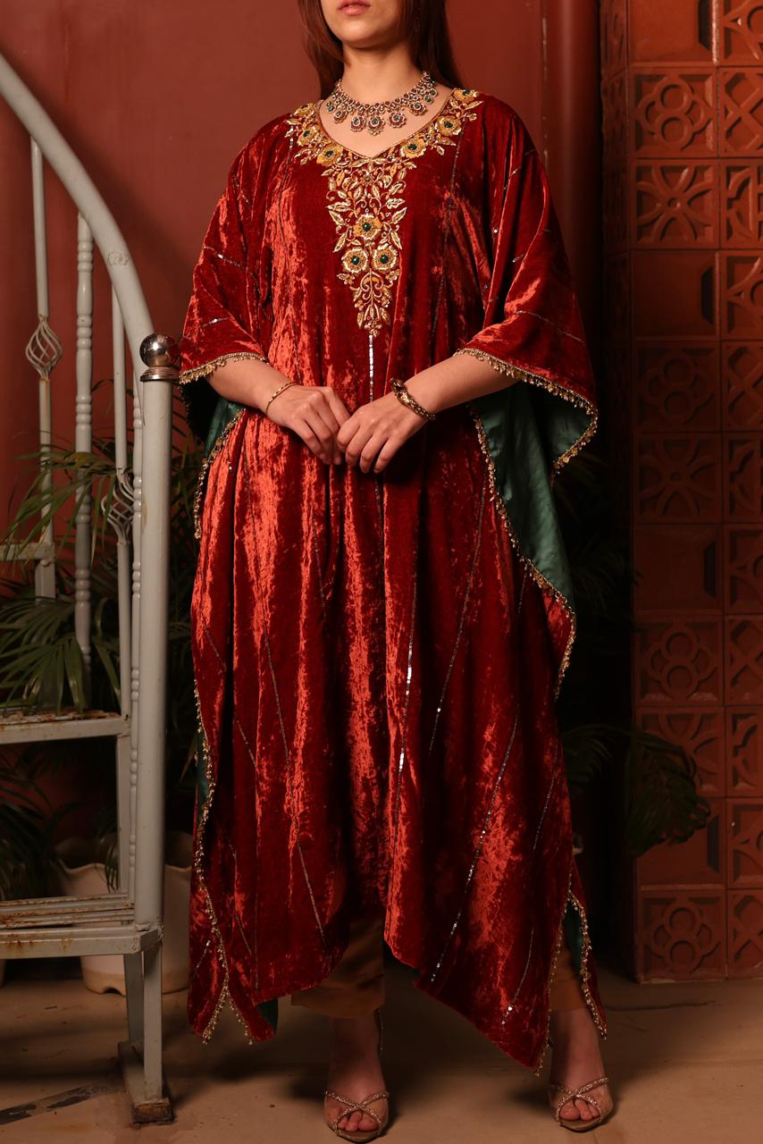 Rust Red | Silk Velvet Zardozi Kaftans