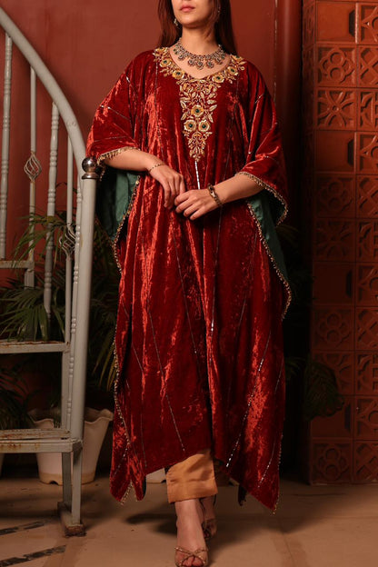 Rust Red | Silk Velvet Zardozi Kaftans