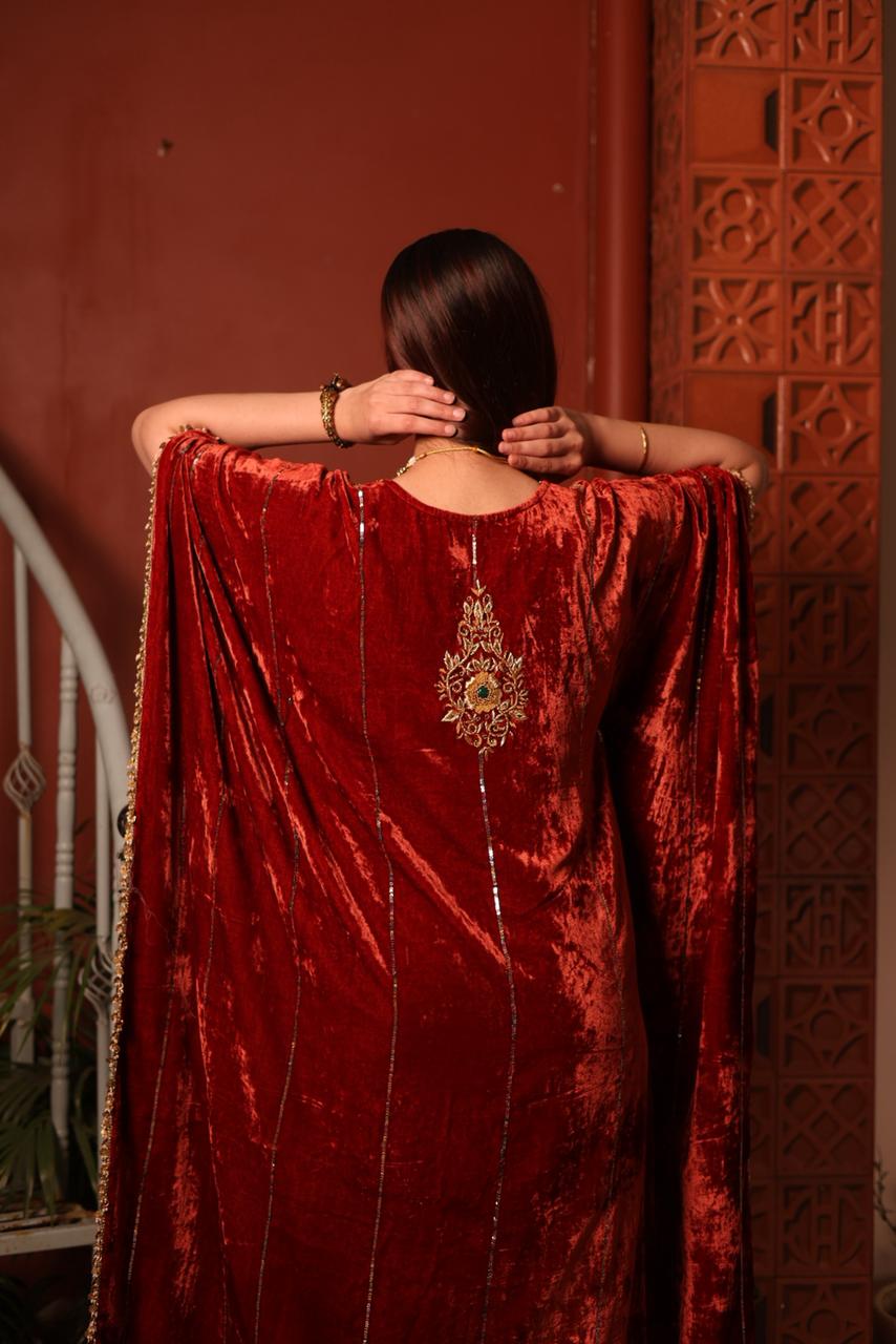 Rust Red | Silk Velvet Zardozi Kaftans