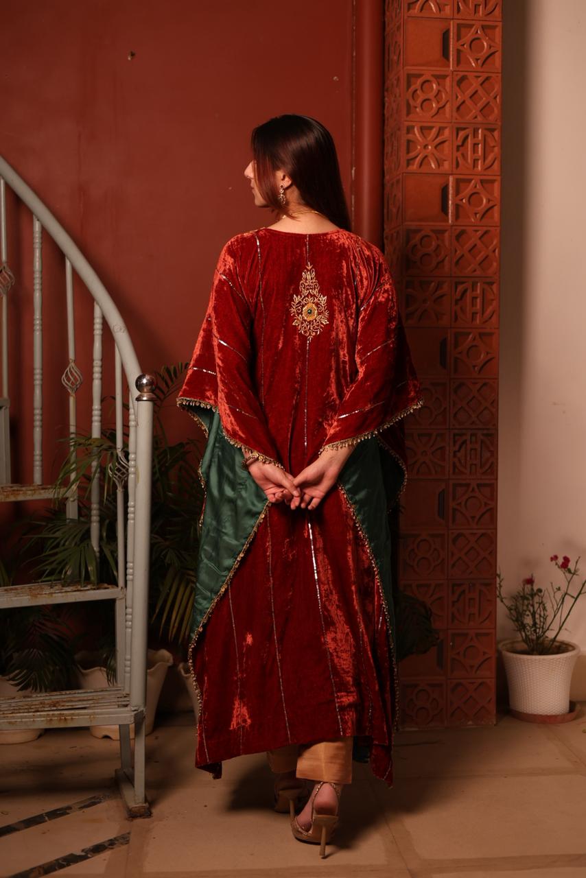 Rust Red | Silk Velvet Zardozi Kaftans