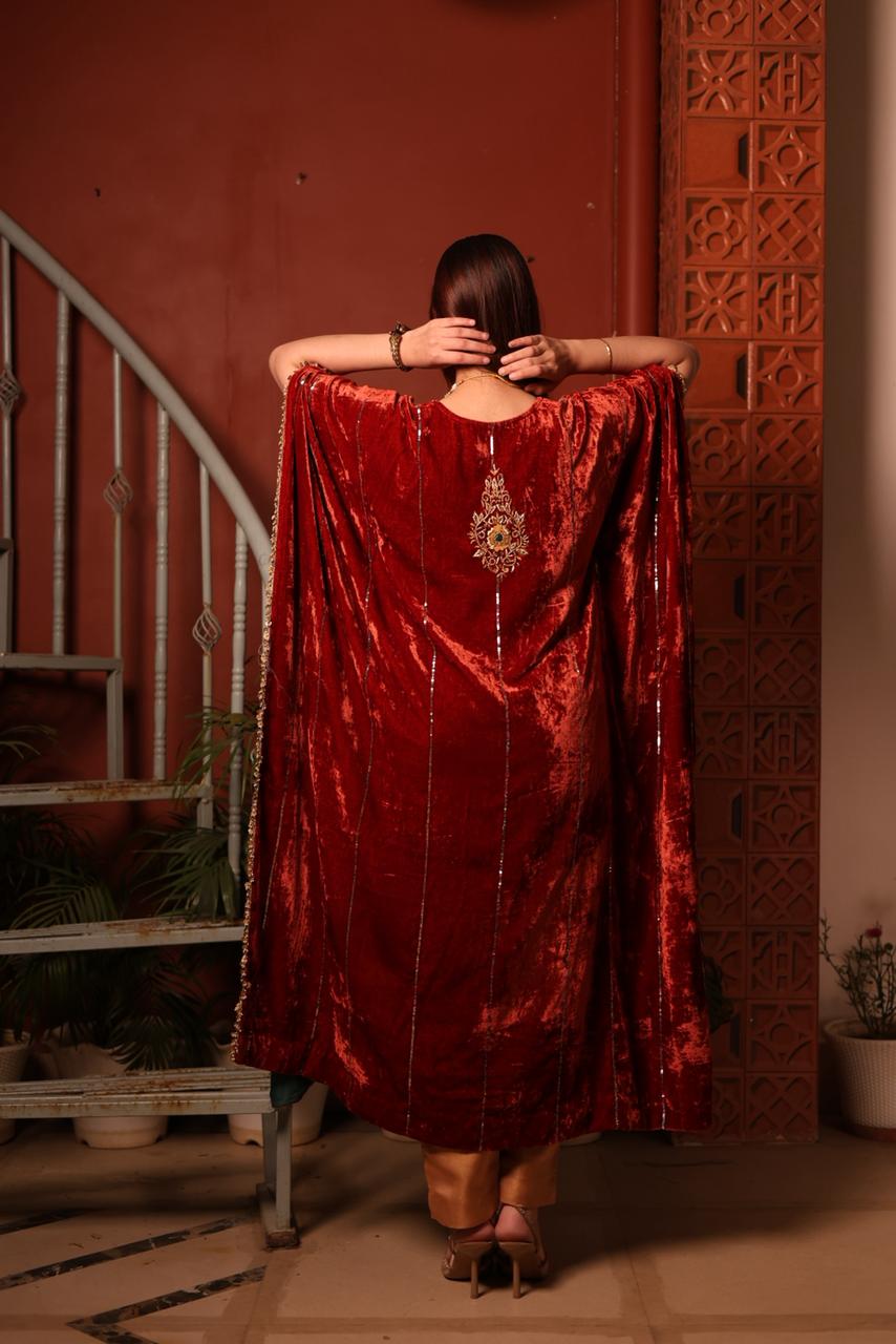 Rust Red | Silk Velvet Zardozi Kaftans