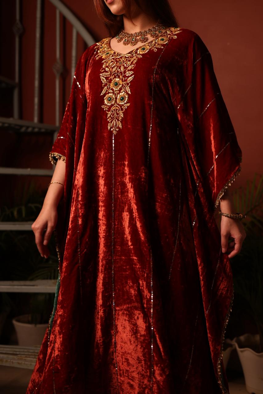 Rust Red | Silk Velvet Zardozi Kaftans