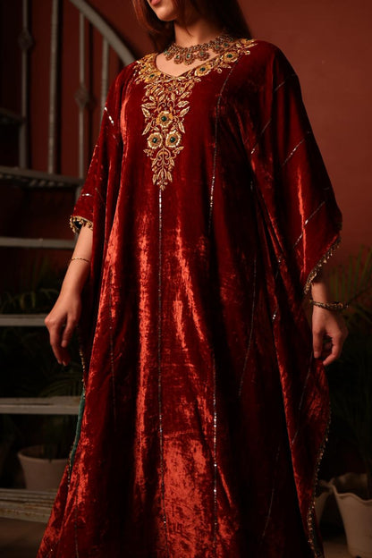 Rust Red | Silk Velvet Zardozi Kaftans