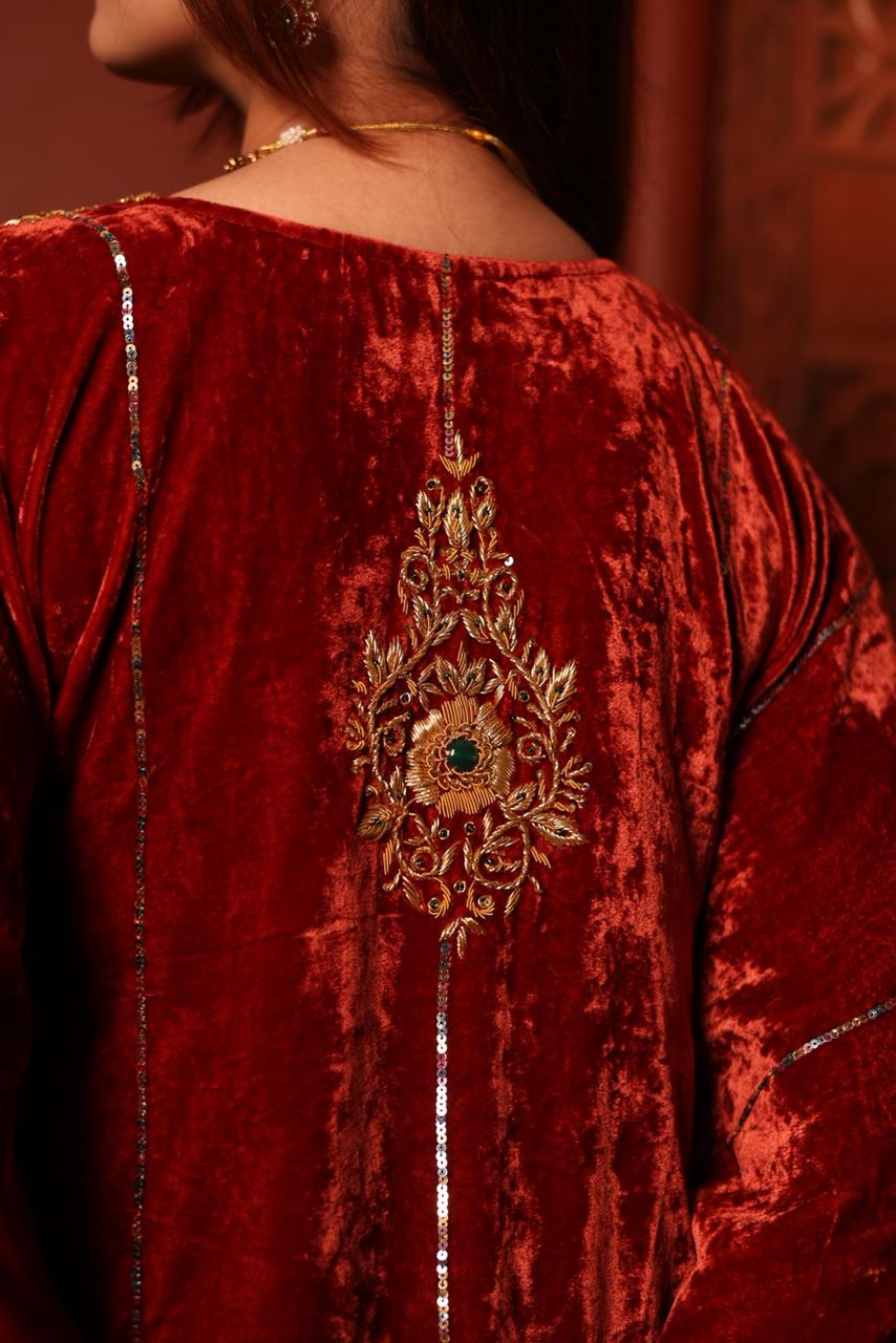 Rust Red | Silk Velvet Zardozi Kaftans