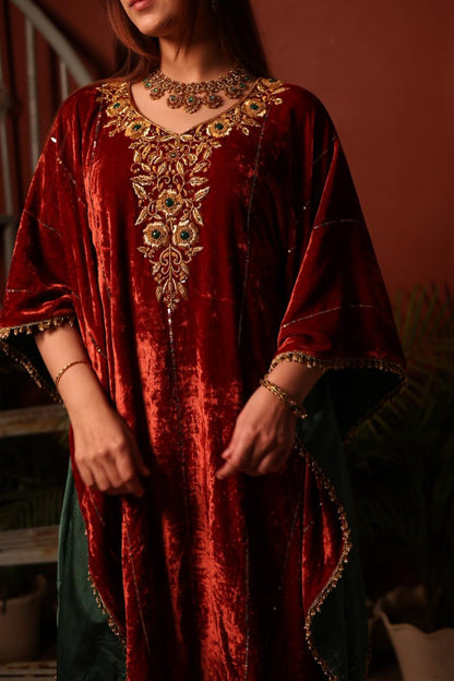 Rust Red | Silk Velvet Zardozi Kaftans