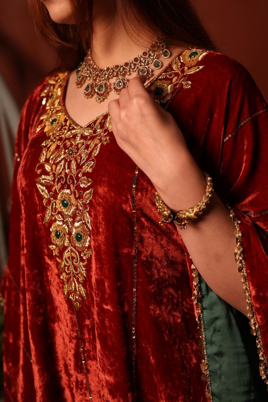 Rust Red | Silk Velvet Zardozi Kaftans