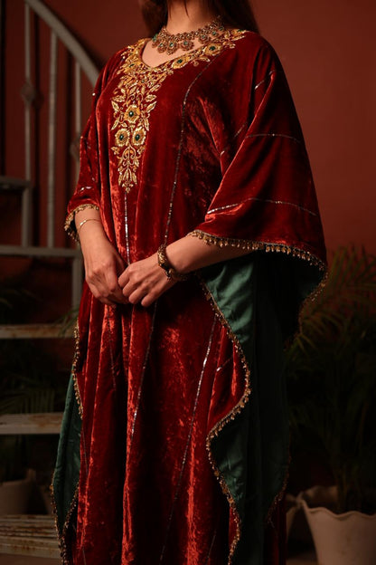 Rust Red | Silk Velvet Zardozi Kaftans