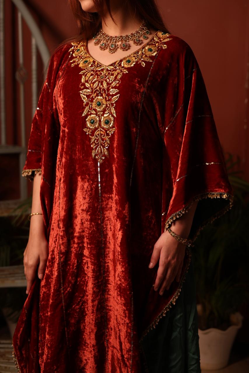 Rust Red | Silk Velvet Zardozi Kaftans