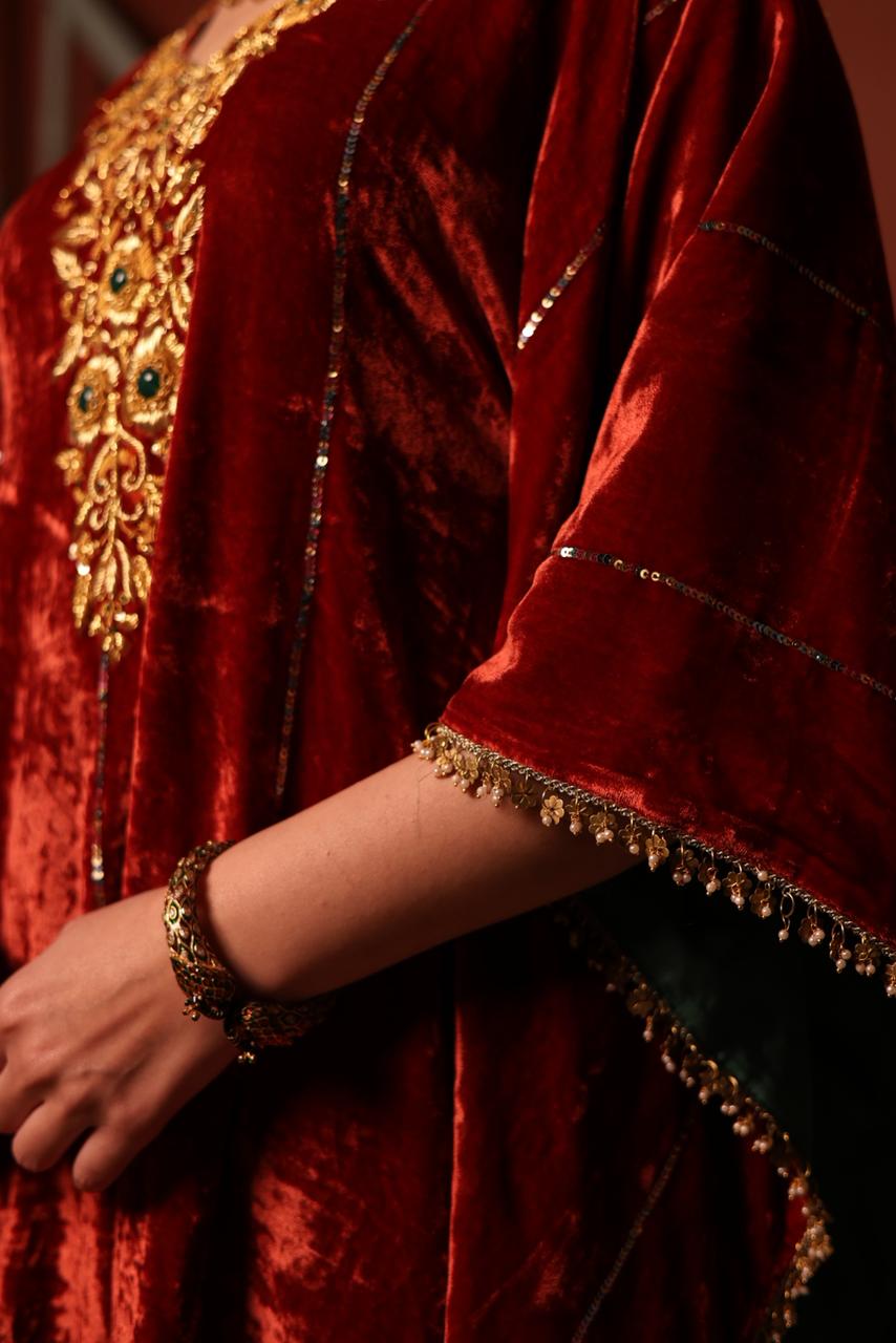 Rust Red | Silk Velvet Zardozi Kaftans