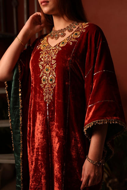 Rust Red | Silk Velvet Zardozi Kaftans