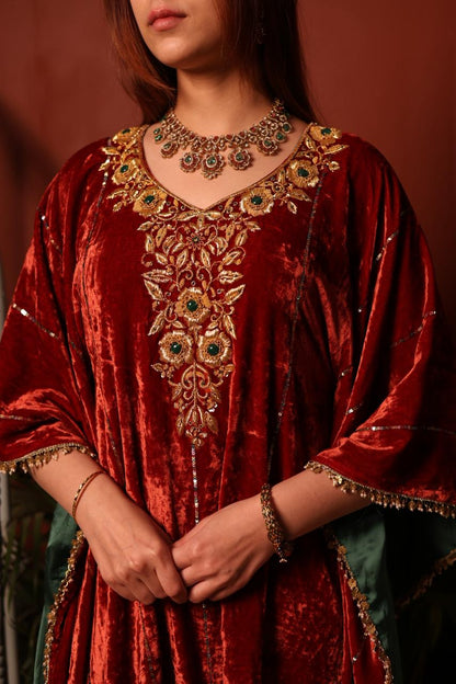 Rust Red | Silk Velvet Zardozi Kaftans