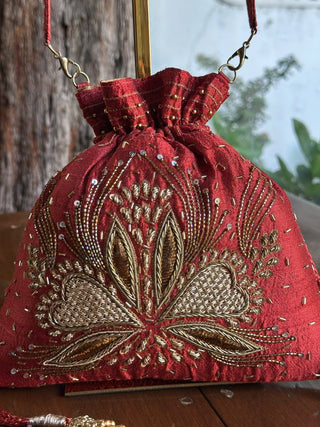 Rust Red & Gold Raw Silk Zardosi Polti Bags