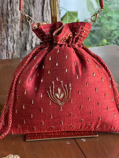 Rust Red & Gold Raw Silk Zardosi Polti Bags