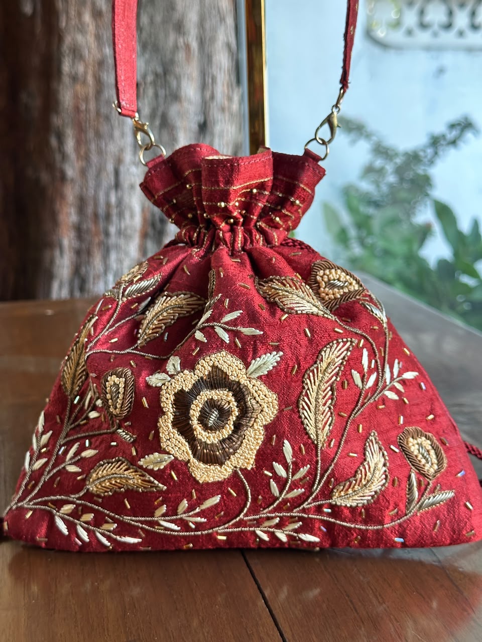 Rust Red & Gold Raw Silk Zardosi Polti Bags