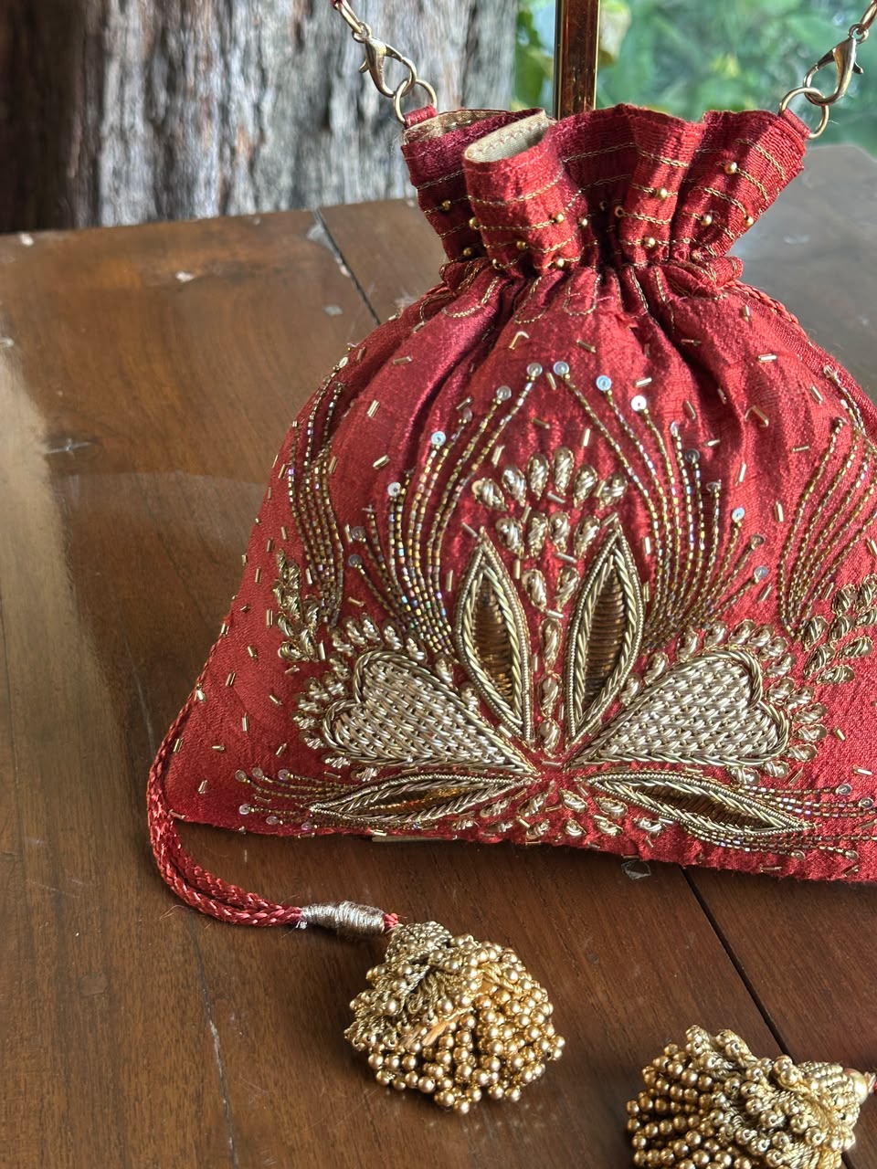 Rust Red & Gold Raw Silk Zardosi Polti Bags