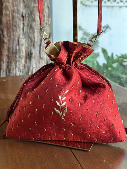 Rust Red & Gold Raw Silk Zardosi Polti Bags