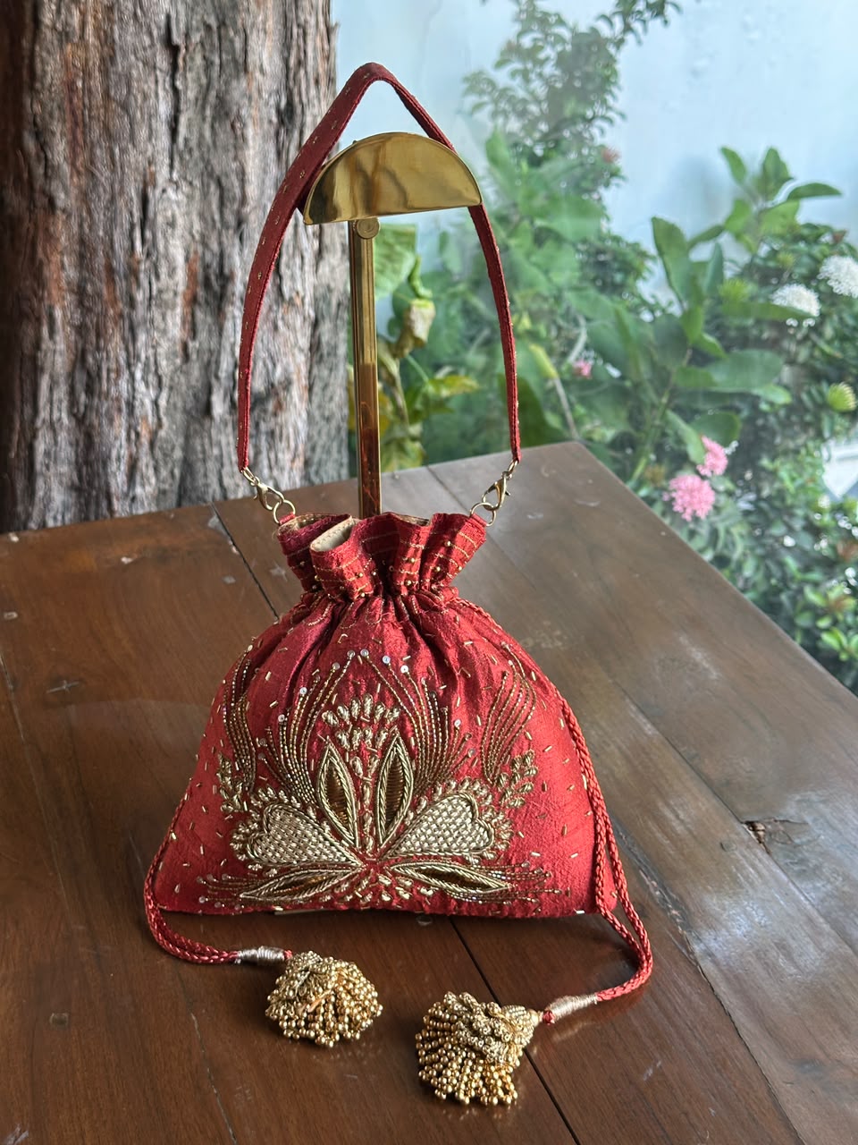 Rust Red & Gold Raw Silk Zardosi Polti Bags