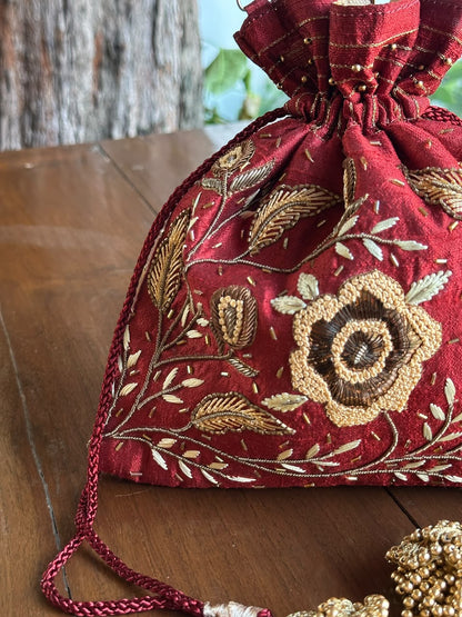 Rust Red & Gold Raw Silk Zardosi Polti Bags