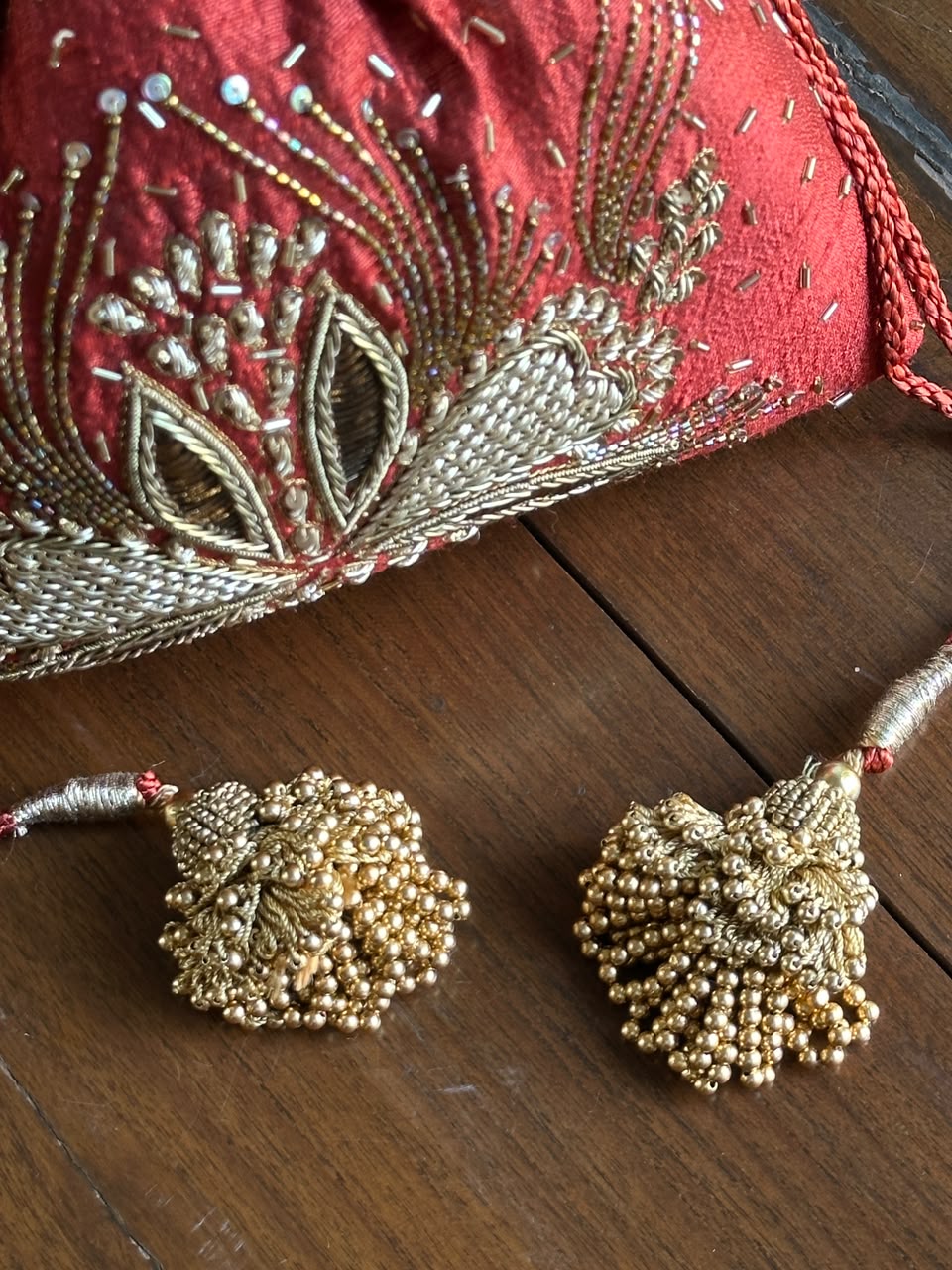 Rust Red & Gold Raw Silk Zardosi Polti Bags