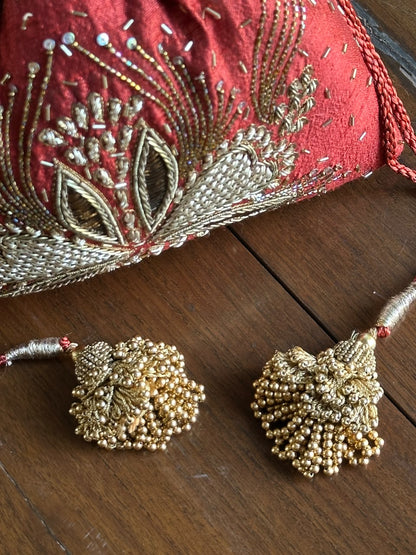 Rust Red & Gold Raw Silk Zardosi Polti Bags