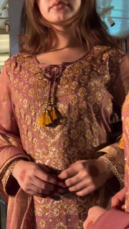 Rust Rose Shade Tissue Silk Chikankari Anarkali With Ari Work