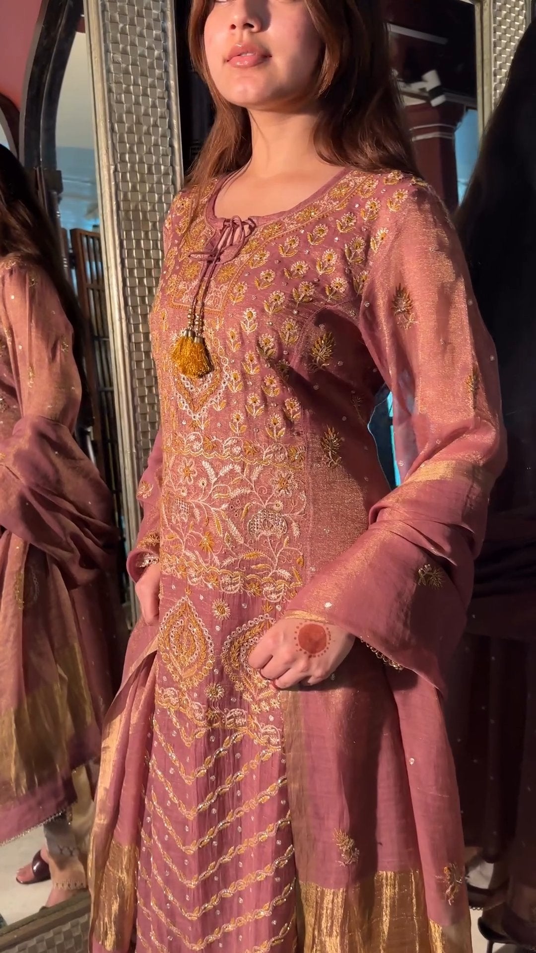 Rust Rose Shade Tissue Silk Chikankari Anarkali With Ari Work