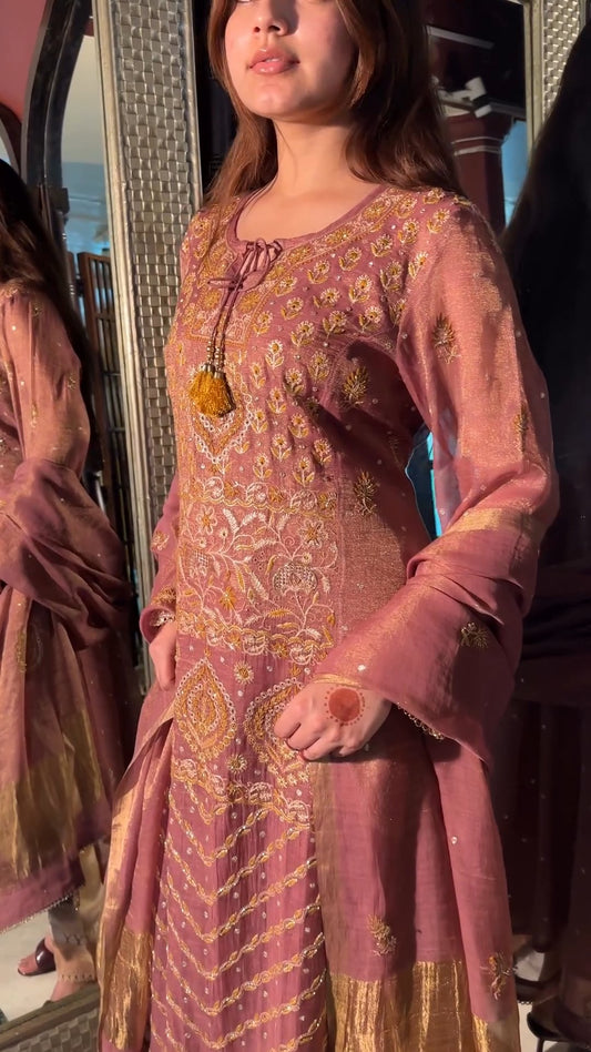 Rust Rose Shade Tissue Silk Chikankari Anarkali With Ari Work