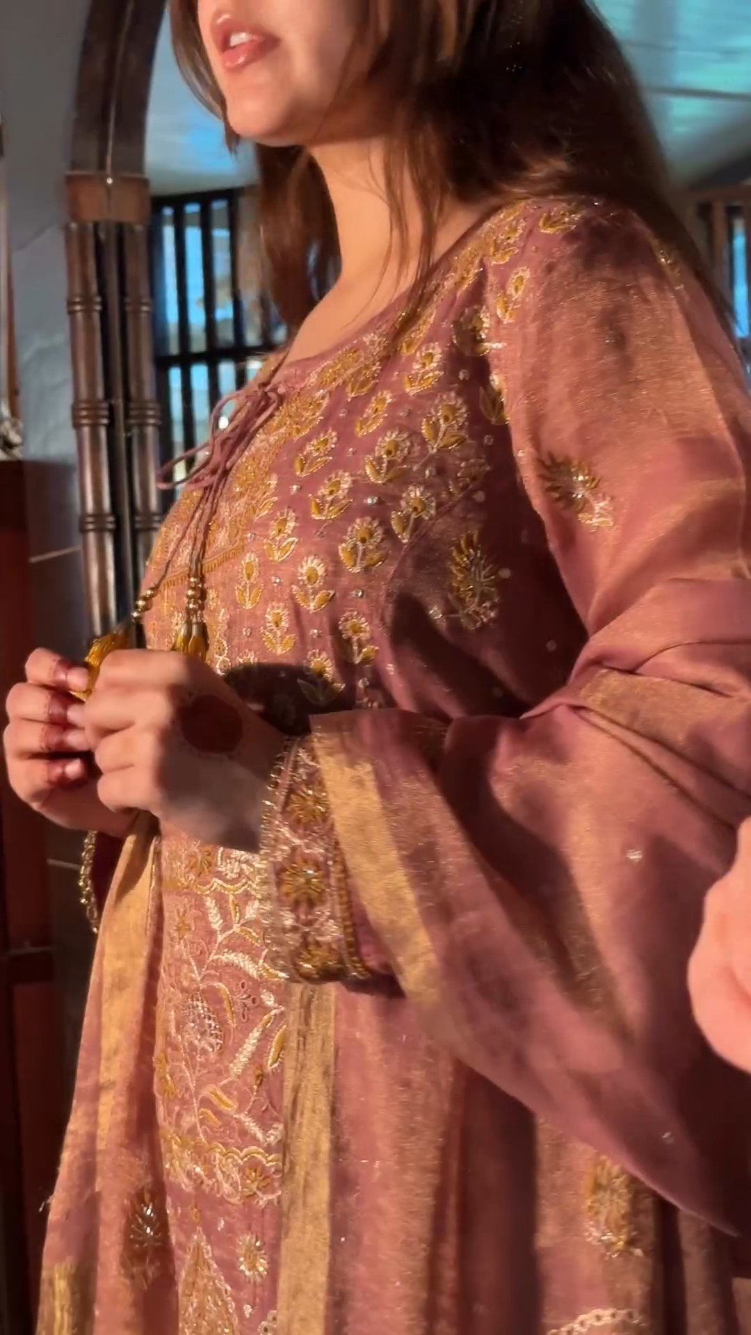 Rust Rose Shade Tissue Silk Chikankari Anarkali With Ari Work