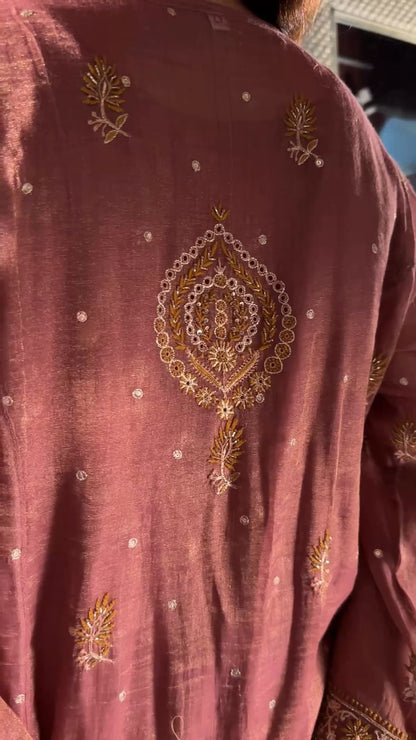 Rust Rose Shade Tissue Silk Chikankari Anarkali With Ari Work