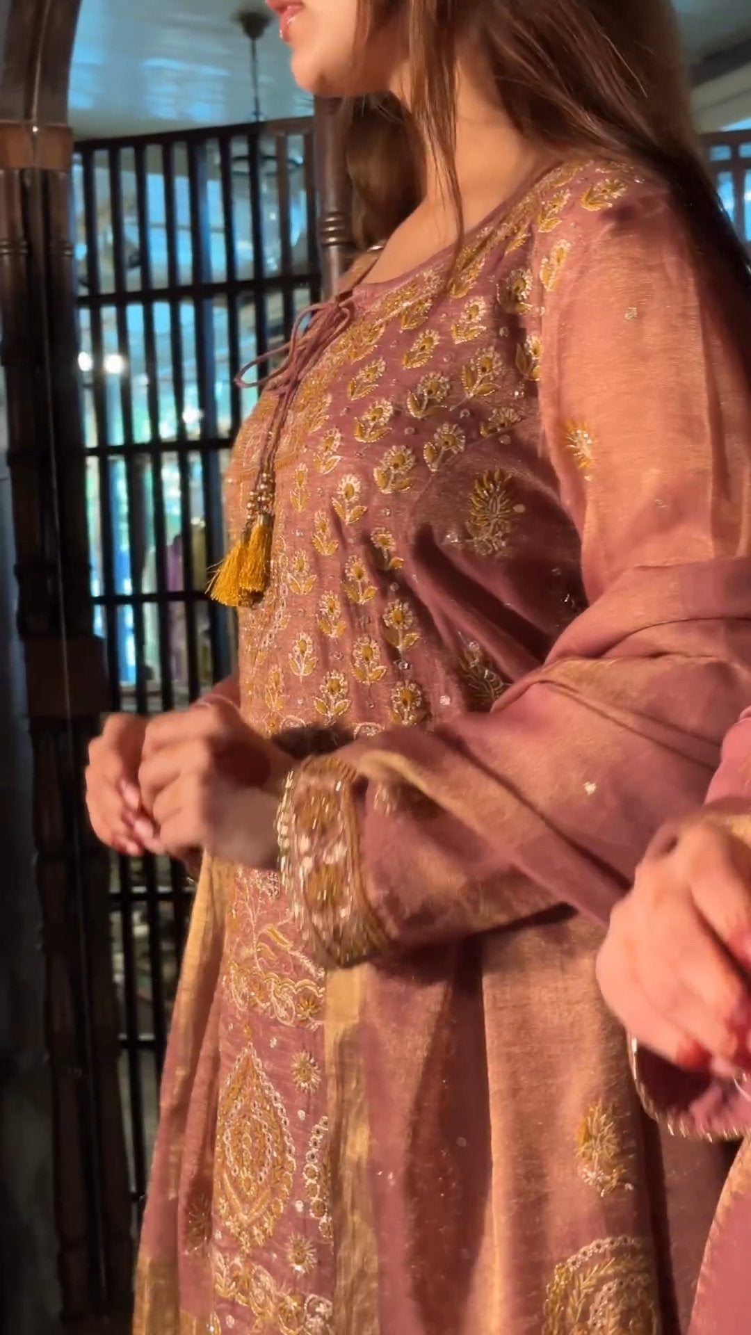 Rust Rose Shade Tissue Silk Chikankari Anarkali With Ari Work