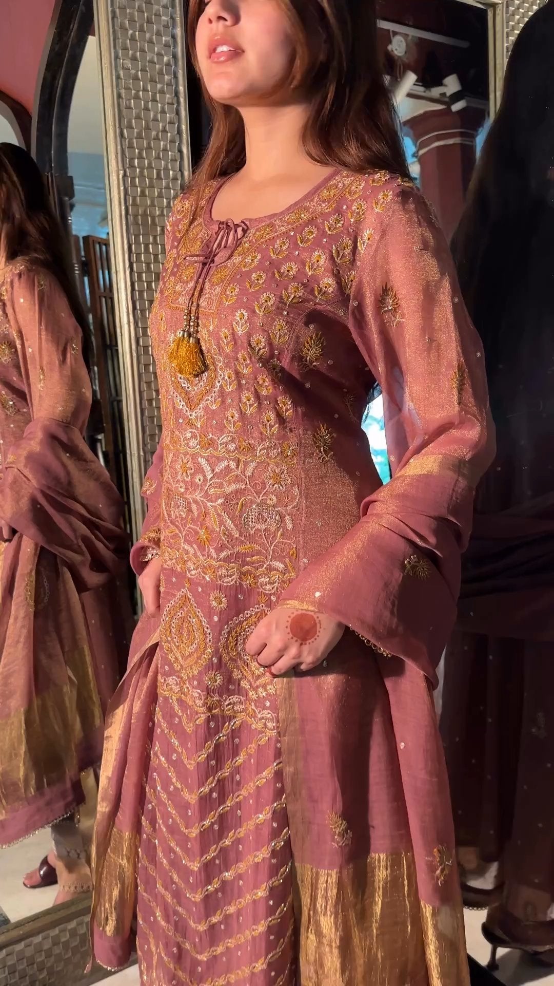 Rust Rose Shade Tissue Silk Chikankari Anarkali With Ari Work