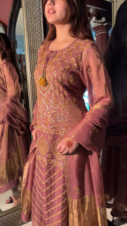Rust Rose Shade Tissue Silk Chikankari Anarkali With Ari Work