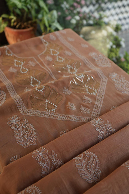 Rust Shade Daraz Chanderi Chikankari Kurta Fabric