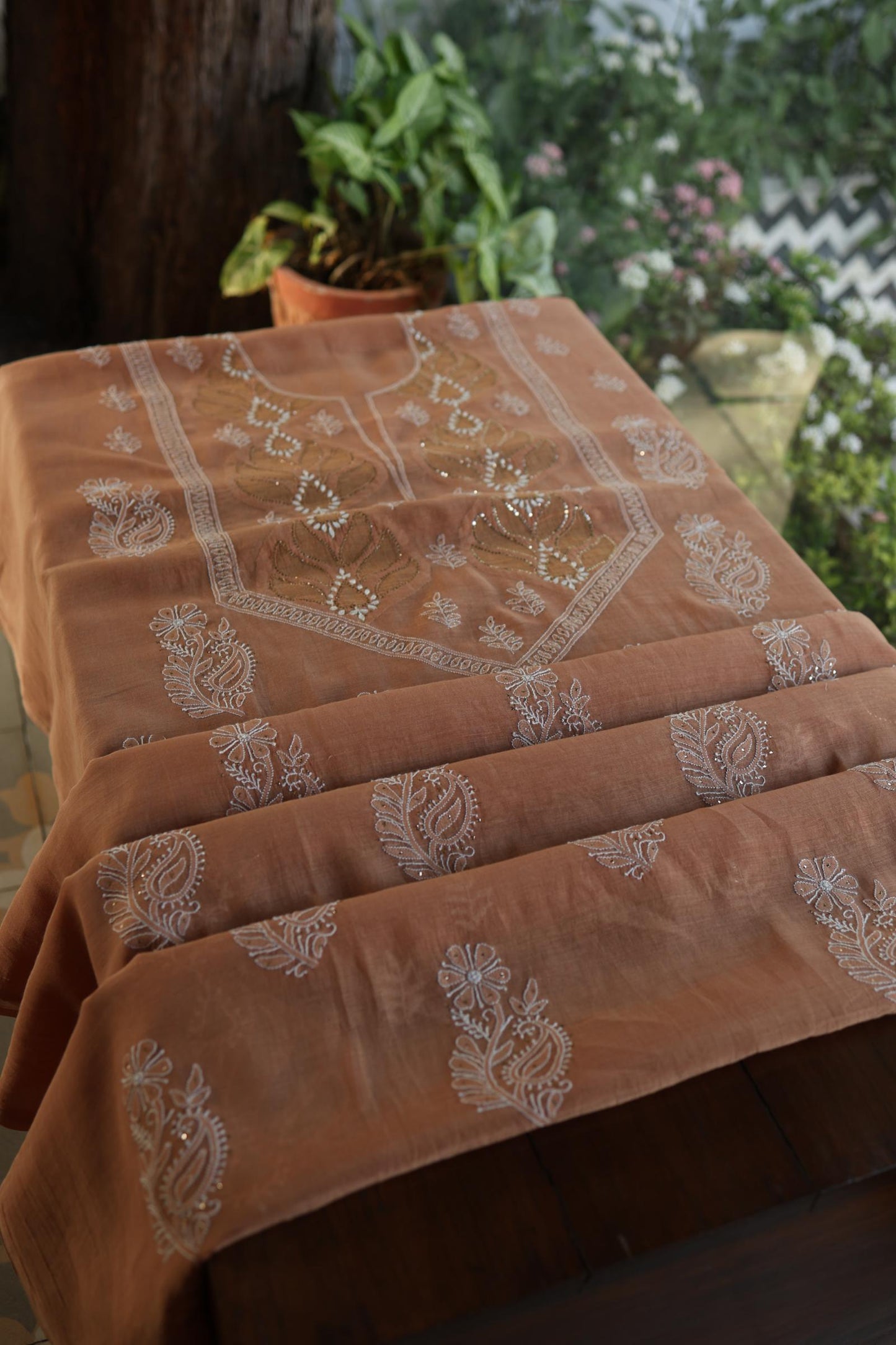 Rust Shade Daraz Chanderi Chikankari Kurta Fabric