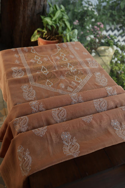 Rust Shade Daraz Chanderi Chikankari Kurta Fabric