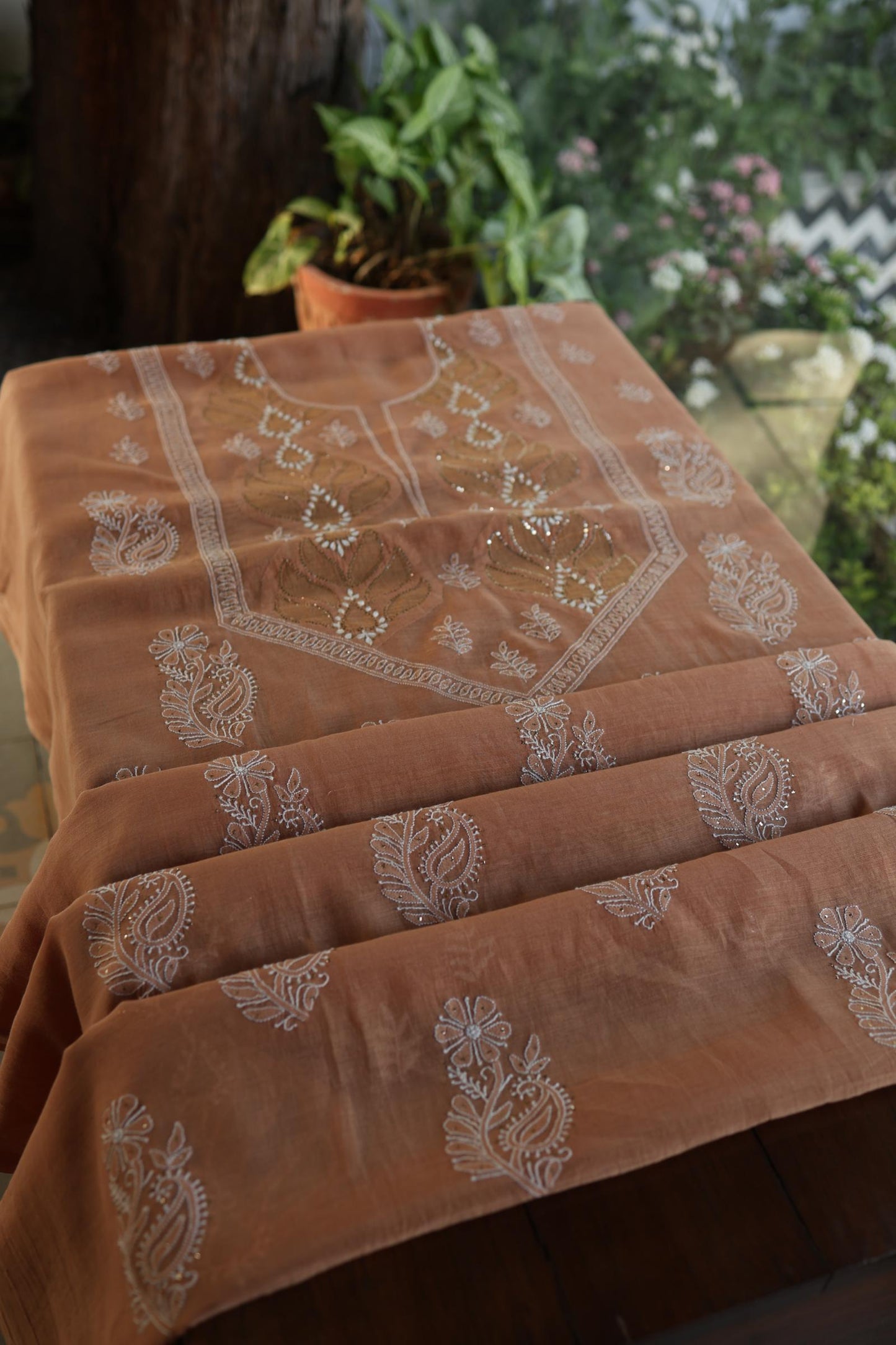 Rust Shade Daraz Chanderi Chikankari Kurta Fabric