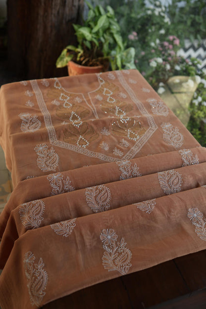 Rust Shade Daraz Chanderi Chikankari Kurta Fabric