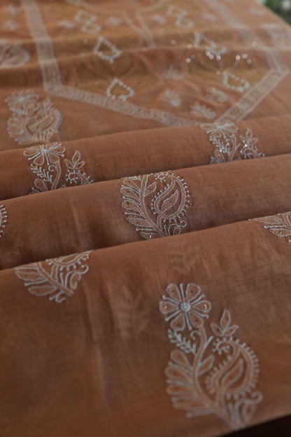 Rust Shade Daraz Chanderi Chikankari Kurta Fabric