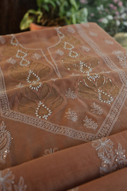 Rust Shade Daraz Chanderi Chikankari Kurta Fabric