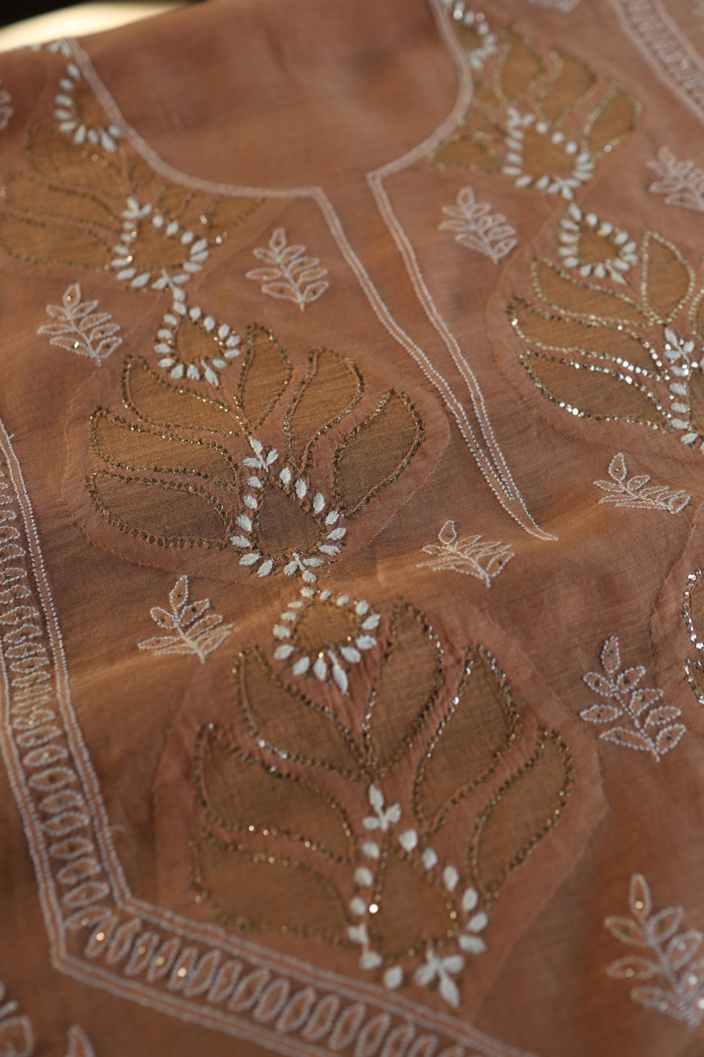 Rust Shade Daraz Chanderi Chikankari Kurta Fabric