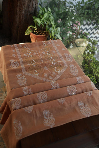 Rust Shade Daraz Chanderi Chikankari Kurta Fabric