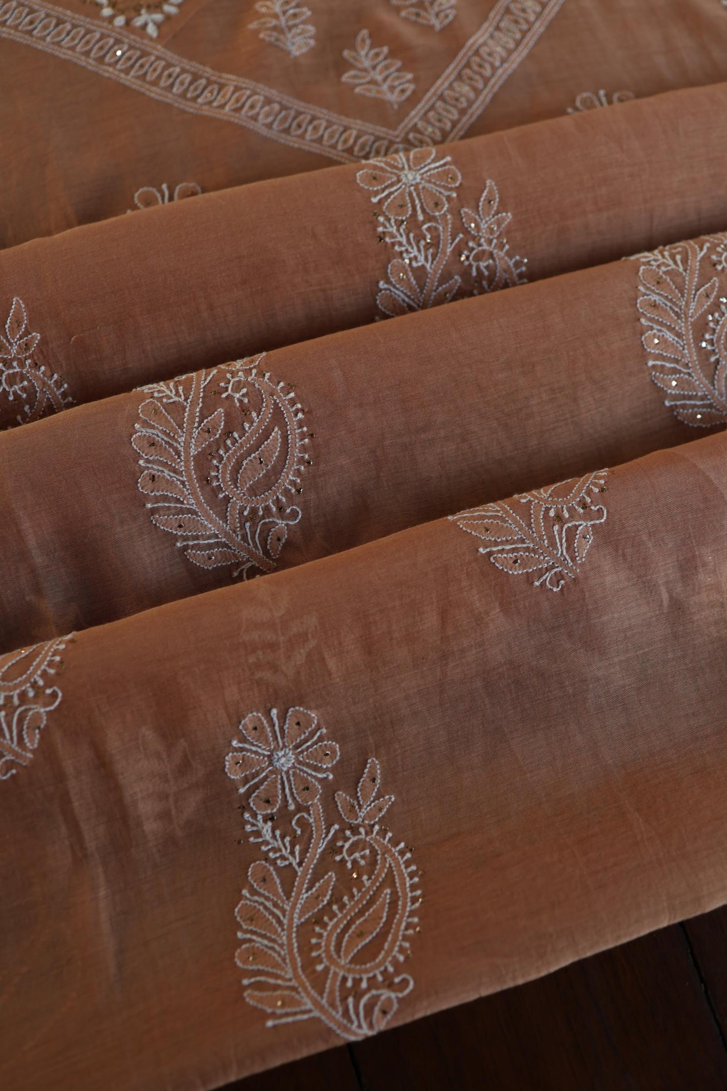 Rust Shade Daraz Chanderi Chikankari Kurta Fabric