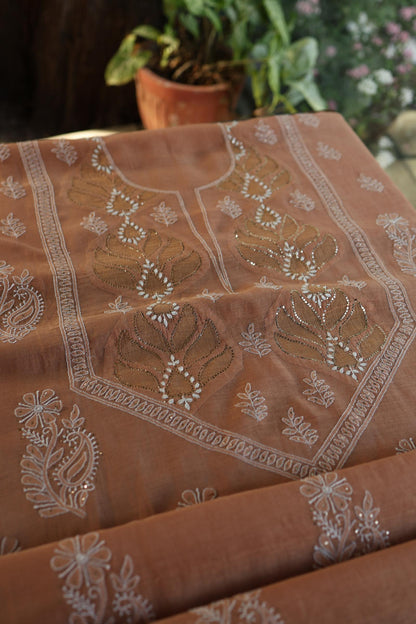 Rust Shade Daraz Chanderi Chikankari Kurta Fabric
