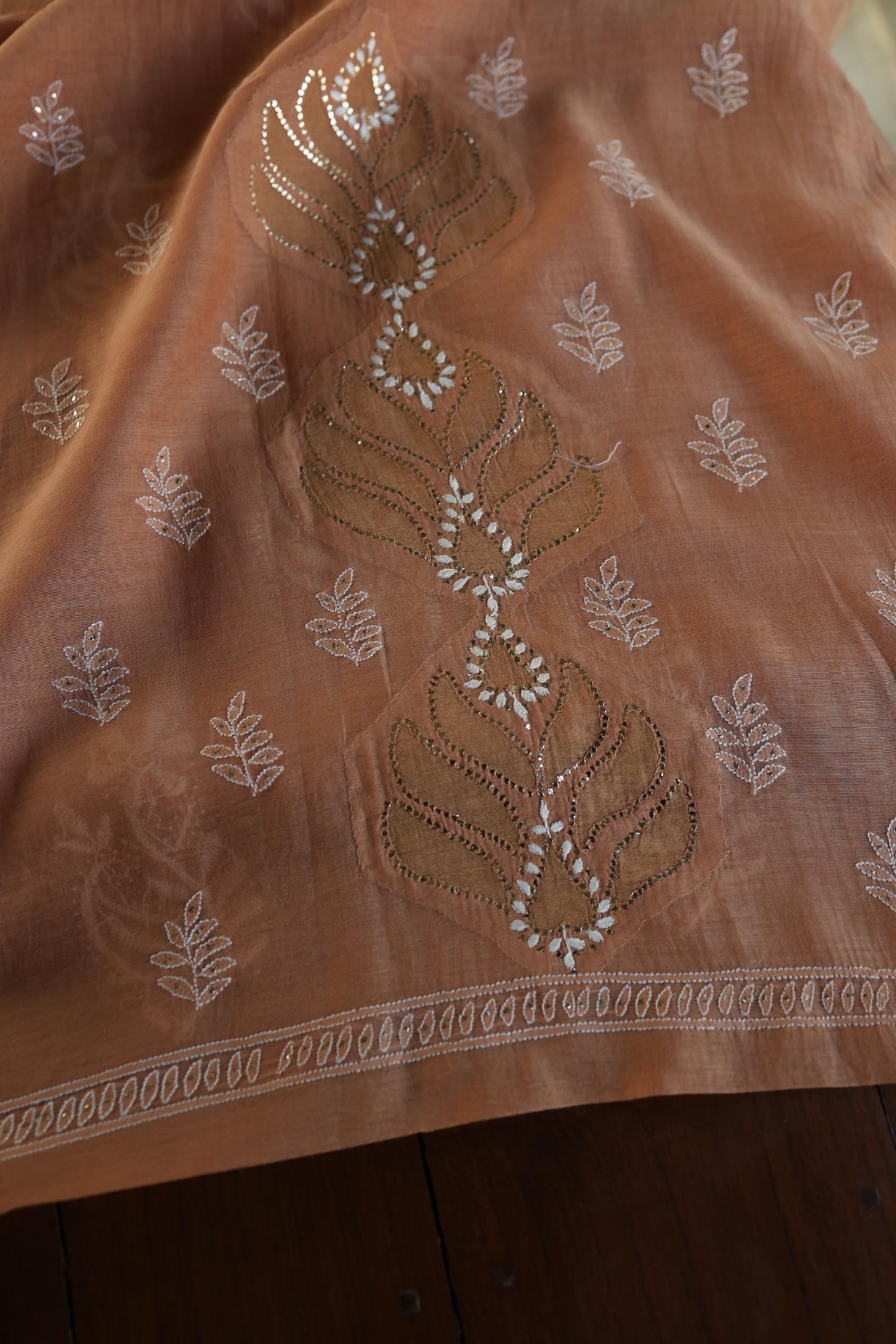 Rust Shade Daraz Chanderi Chikankari Kurta Fabric