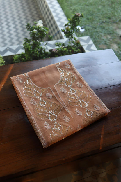 Rust Shade Daraz Chanderi Chikankari Kurta Fabric