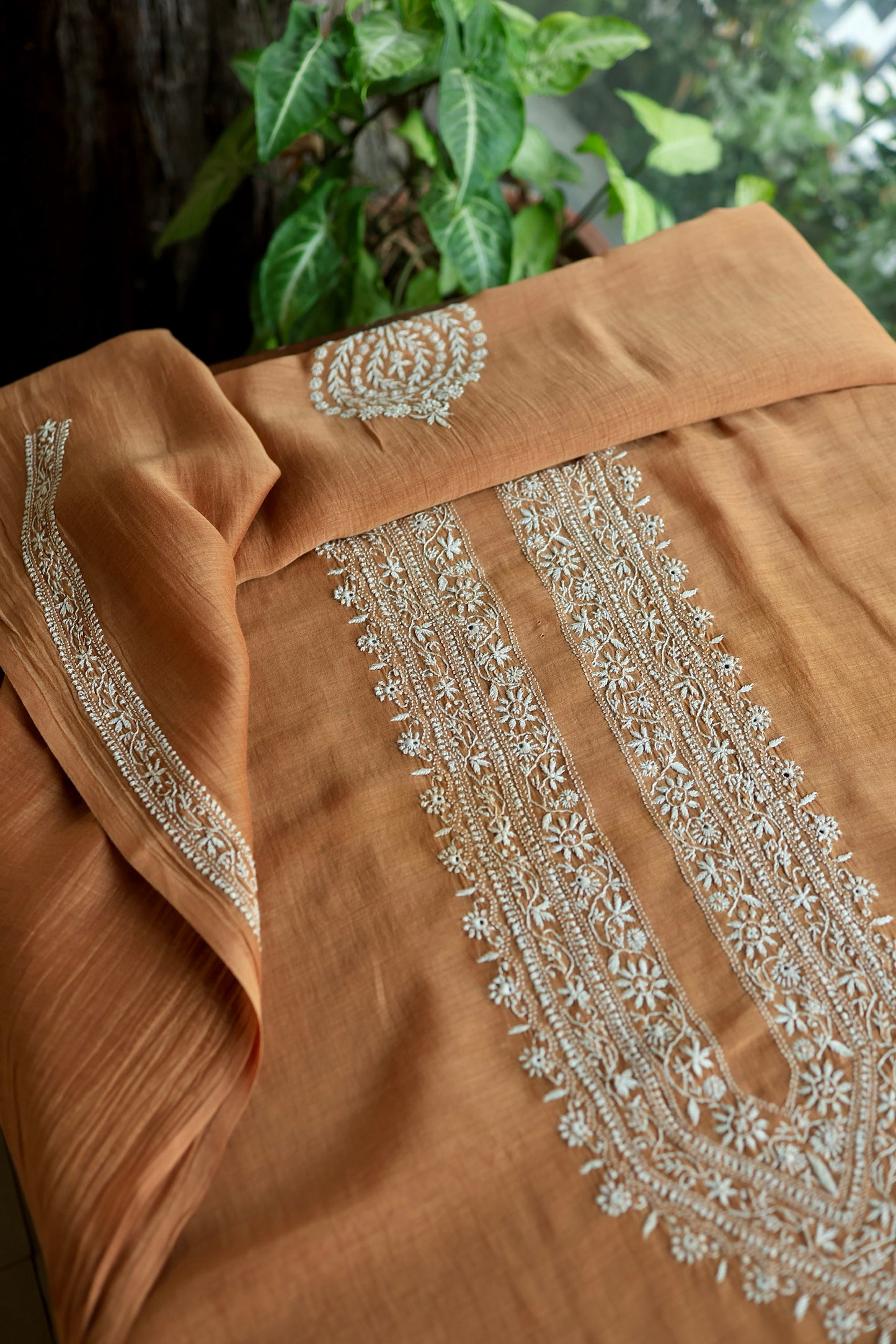 Rust Shade Mulmul Chikankari Unstitched Men's Kurtas Fabric
