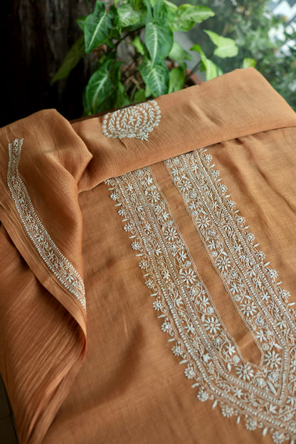 Rust Shade Mulmul Chikankari Unstitched Men's Kurtas Fabric
